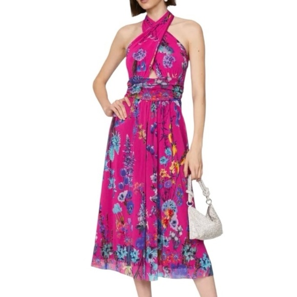 Fuzzi Abito Halter Midi Dress Halter in Hot Pink Floral Size Medium - Picture 1 of 9
